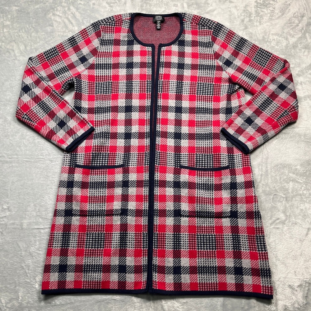 Jones New York Cardigan Womens Red Plaid Houndstooth Open Front Duster Size L